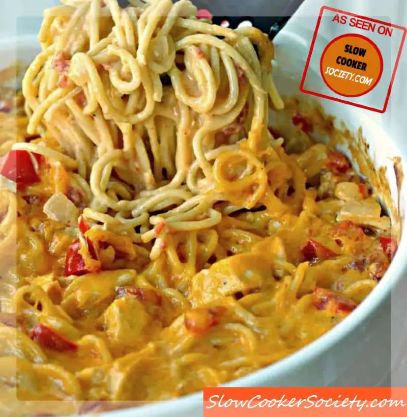 Slow Cooker Cheesy Chicken Spaghetti as seen on SlowCookerSociety.com