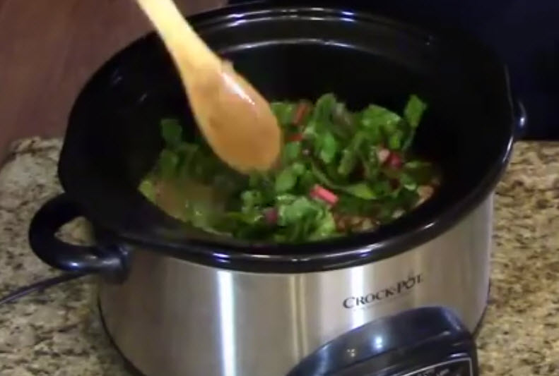 Slow Cooker Sausage Soup With Potatoes and Another Very Healthy Vegetable add swiss chard and stir