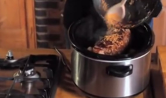 Father's Slow Cooker Beef Pot Roast pour onion sauce on the roast