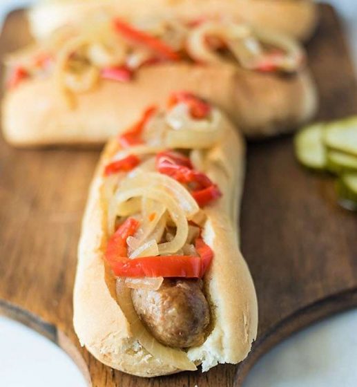 Crock Pot Bratwurst Hot Dog with Peppers & Onions