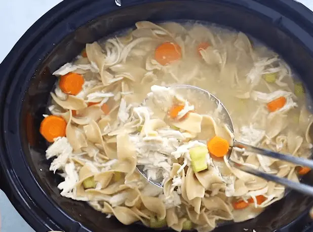 Slow cooker chicken noodle soup as seen on SlowCookerSociety it is ready