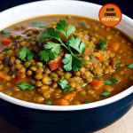 Slow cooker lentil soup in a bowl